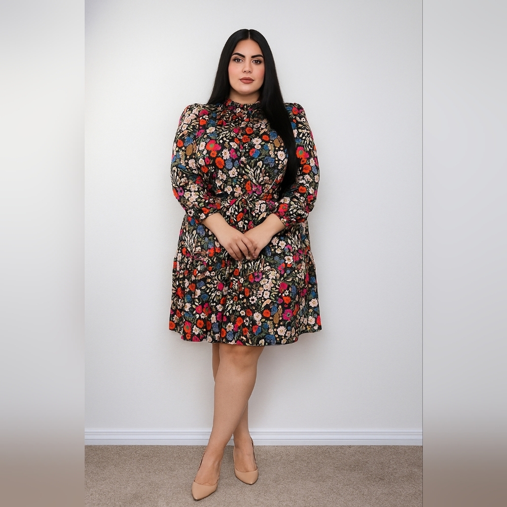 Maia Floral Drop Tie Waist Ruffle Black Long Sleeve Dress 14